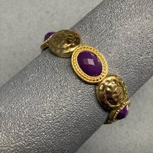 Hammered Oval Stretch Bracelet 2.5 In As Is Purple Gold Faceted Retro Vintage